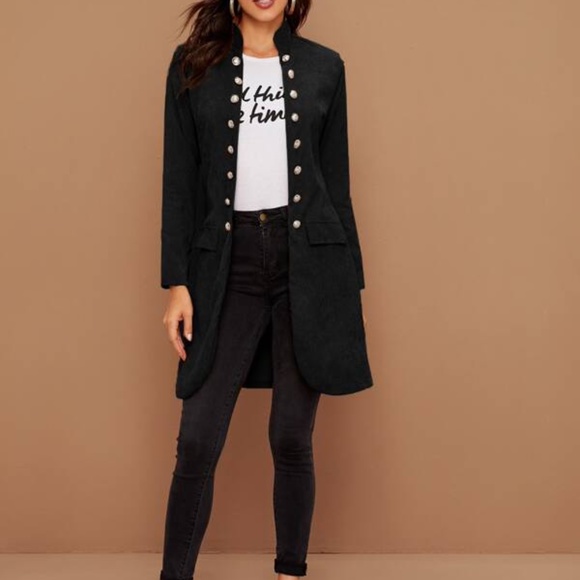 Dark Green Button Detail Open Front Corduroy Jacket Shacket - Picture 12 of 16